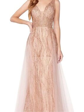 Cinderella Divine CD0152 Rose Gold Glitter Beaded Tulle A-Line Gown Small